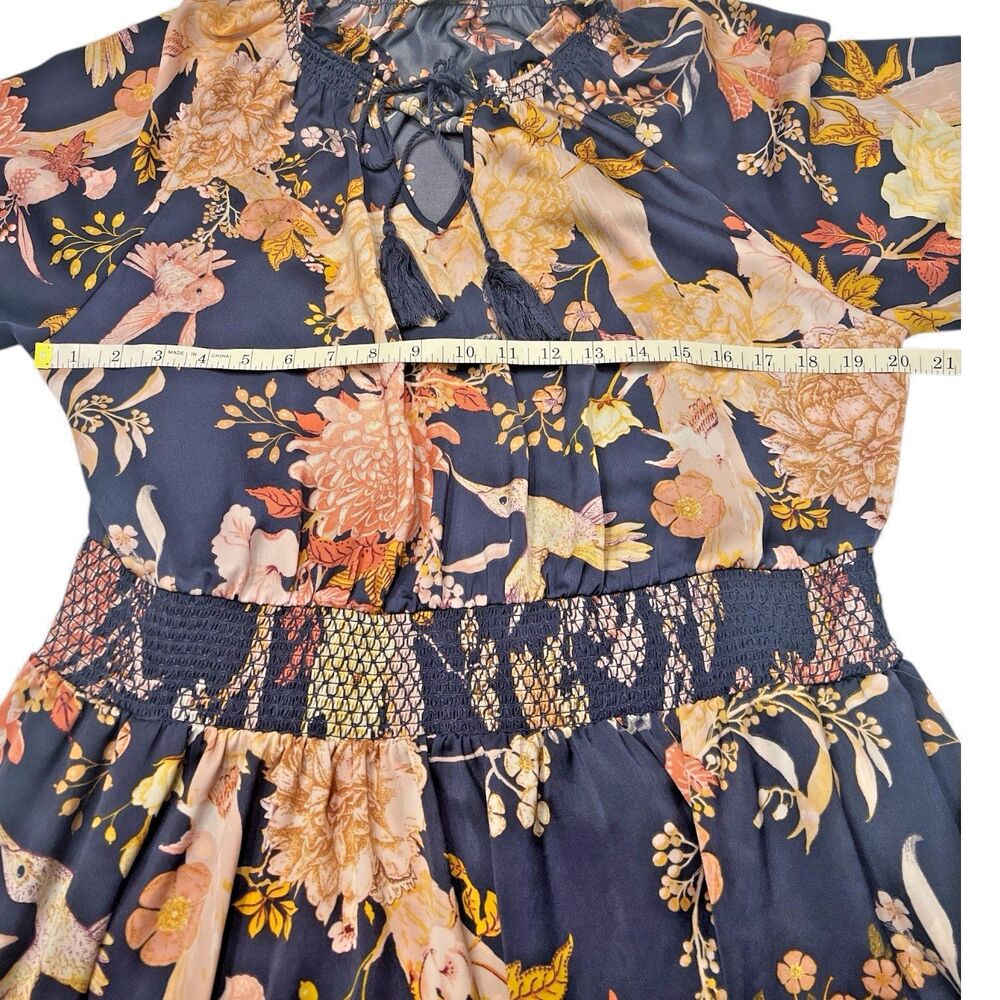 Slate Blue Floral Smocked Midi Dress Elastic Waist Boho Plus Size 0X 14W Spring - Picture 5 of 12